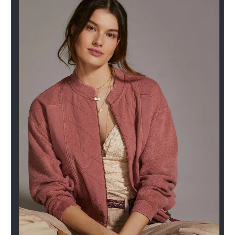 Pilcro Anthropologie Quilted Slouchy Bomber Jacket Sz L Cotton Coral Pink